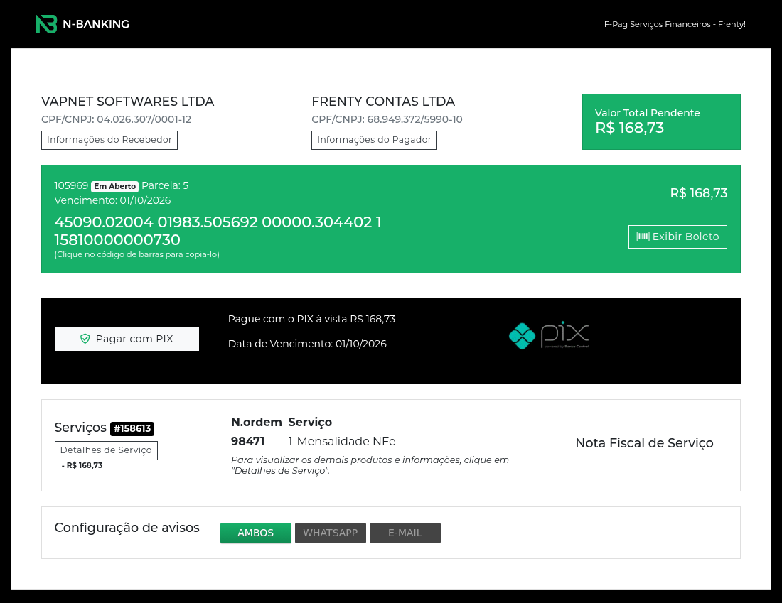 Página de pagamento da cobrança, com boleto e PIX