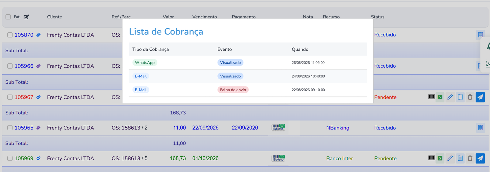 Lista de Cobrança com status de visualização e falha de envio
